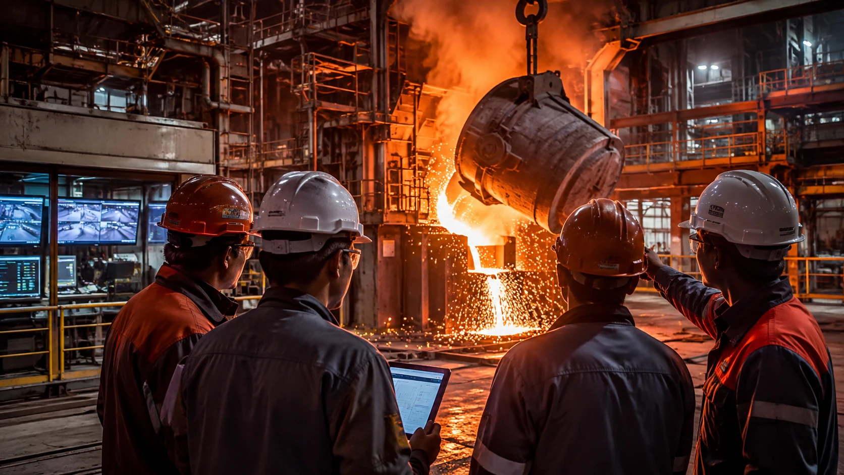 Engineers monitoring molten steelmaking operations with digital data