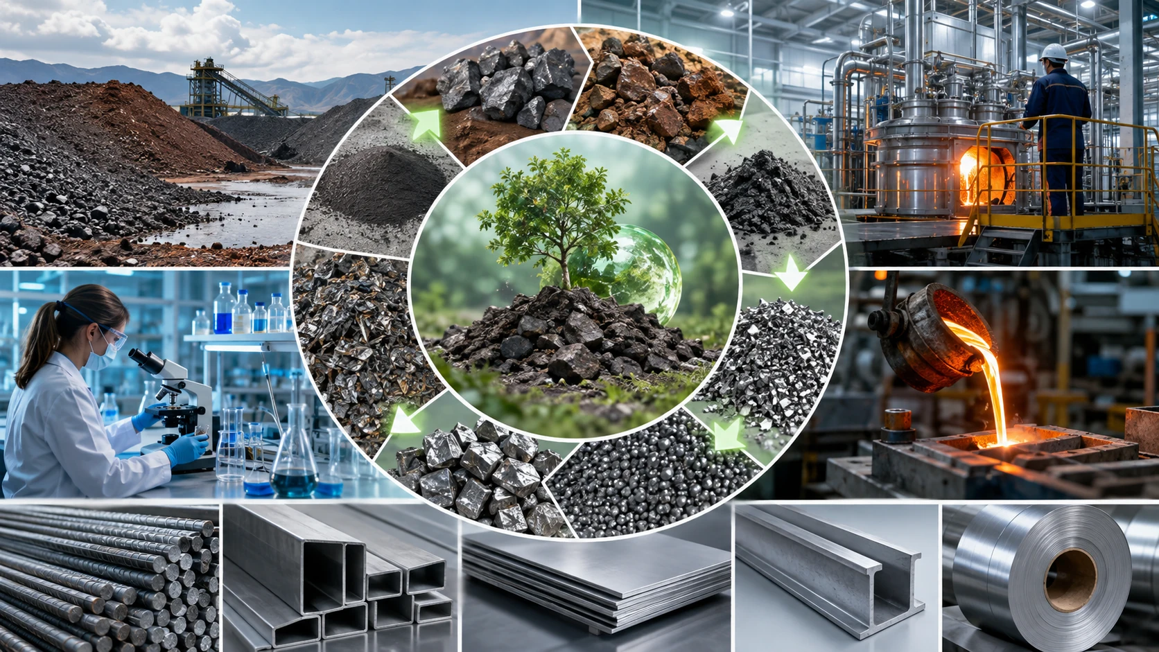 Circular metallurgy image: Residues, laboratory characterization, molten metal and finished products connected in a recycling cycle.