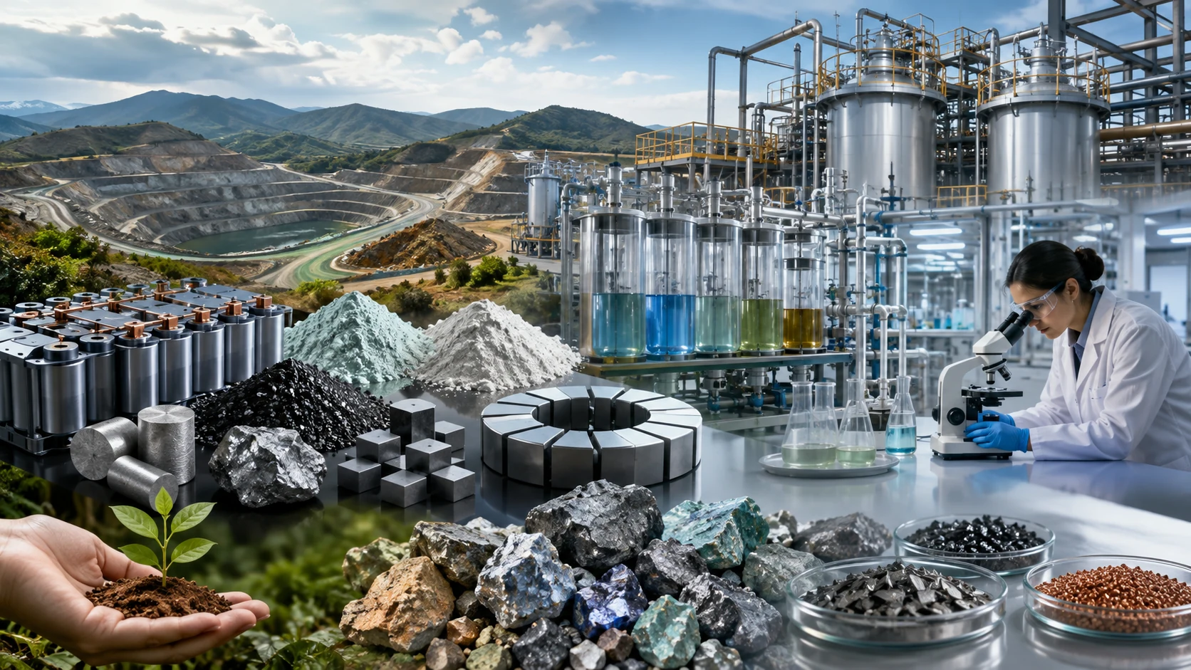 Critical minerals image: Mining, processing, laboratory testing and battery-material development.