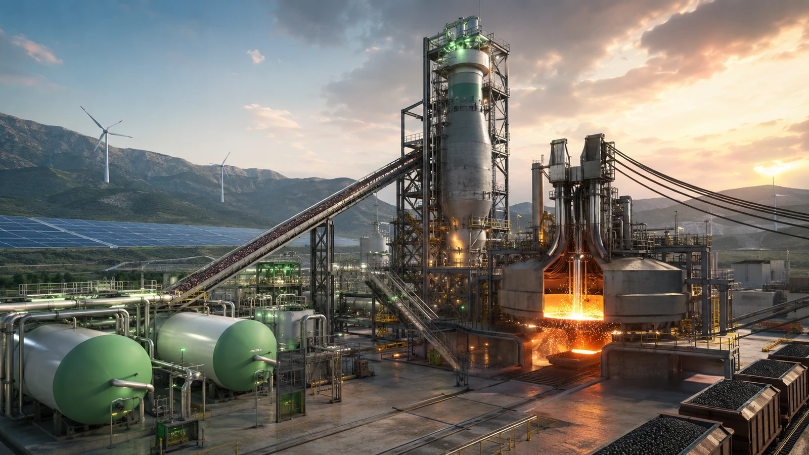 Hydrogen-ready green steel plant with renewable energy, reduction reactor and electric steelmaking furnace