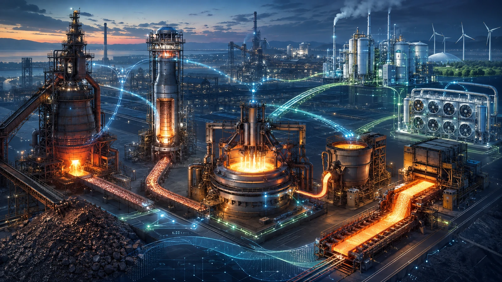 Plant-wide steelmaking digital twin connecting furnaces, casting, renewable energy and carbon capture through data networks